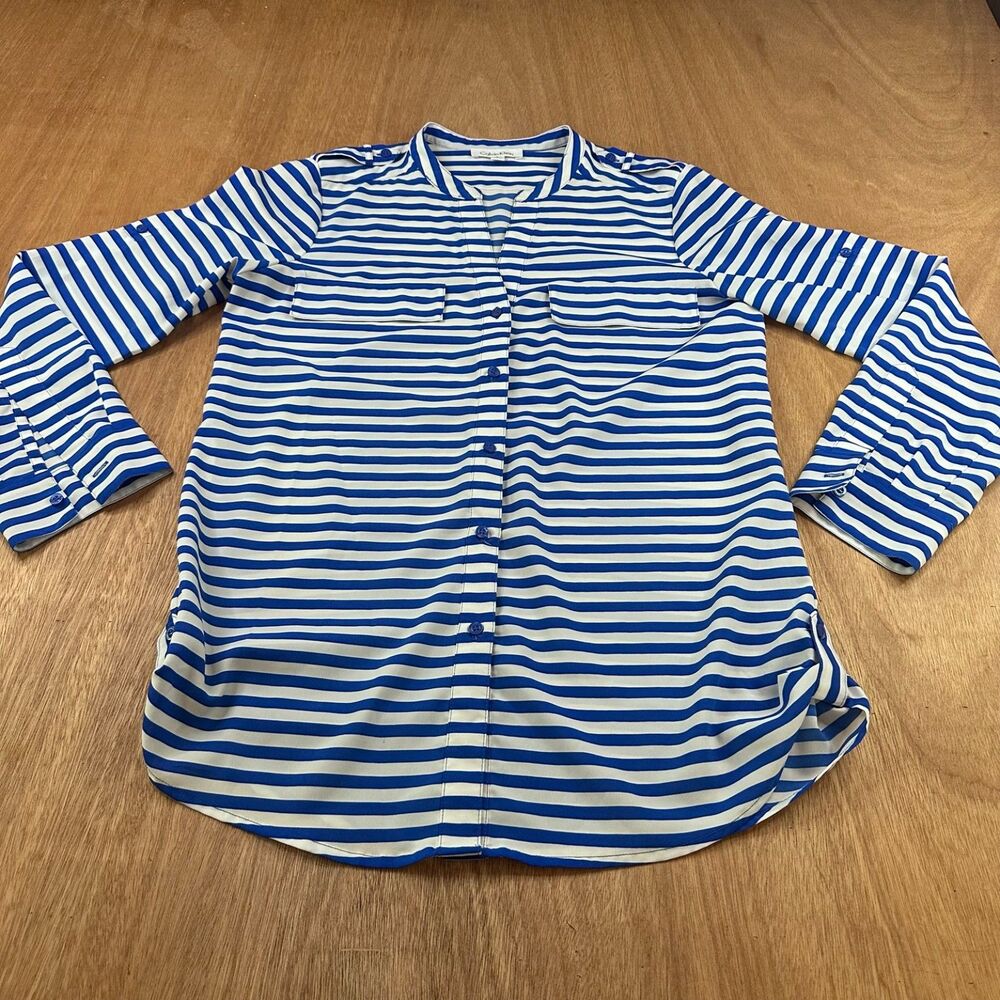 Calvin Klein Striped Blouse Womens Small Blue White Spring Roll Tab